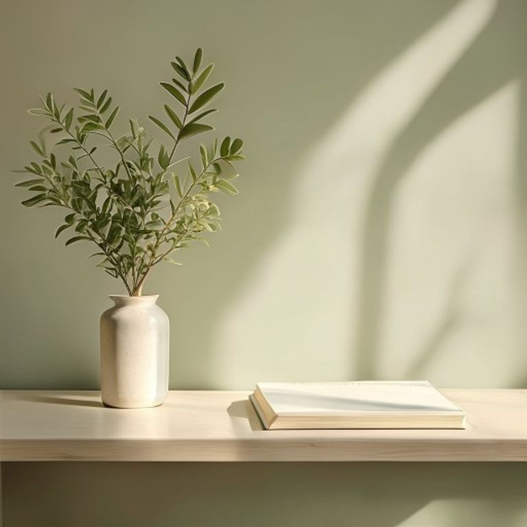 Minimalistisk workspace med plant, vatten och journal